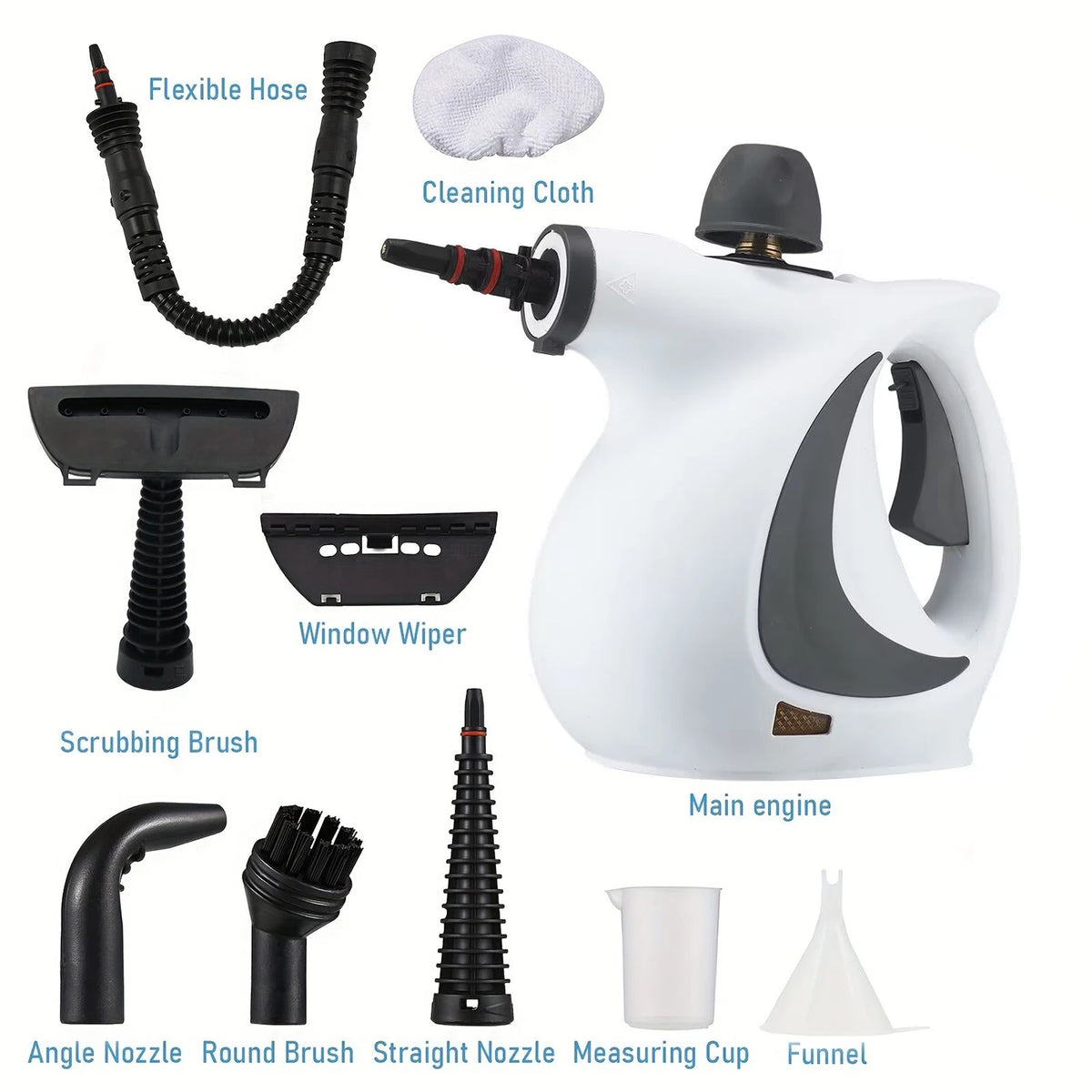 Collection d'outils de nettoyage : nettoyeur vapeur, tuyau flexible, essuie-glace, brosse, et diverses buses