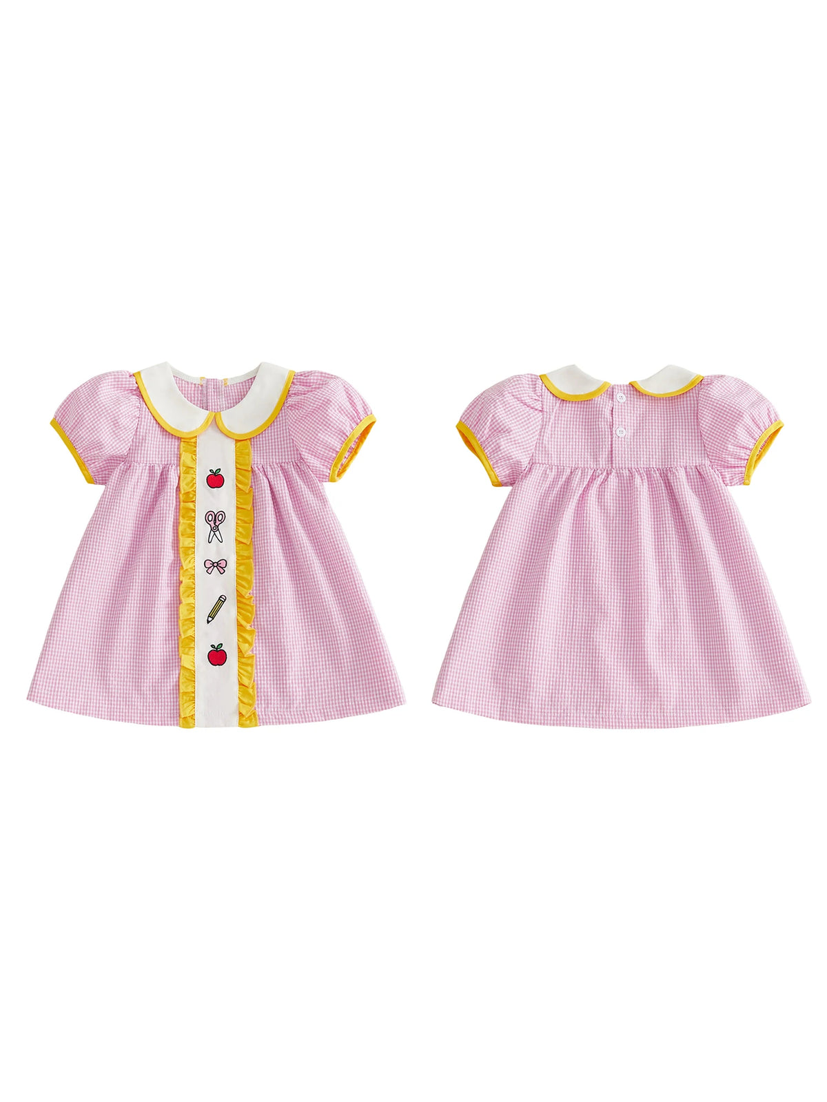 Girls Embroidered Plaid A-Line Dress with Peter Pan Collar