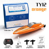 Orange TY12 racing speedboat kit including a box, remote control, charging cable, and two propellers.