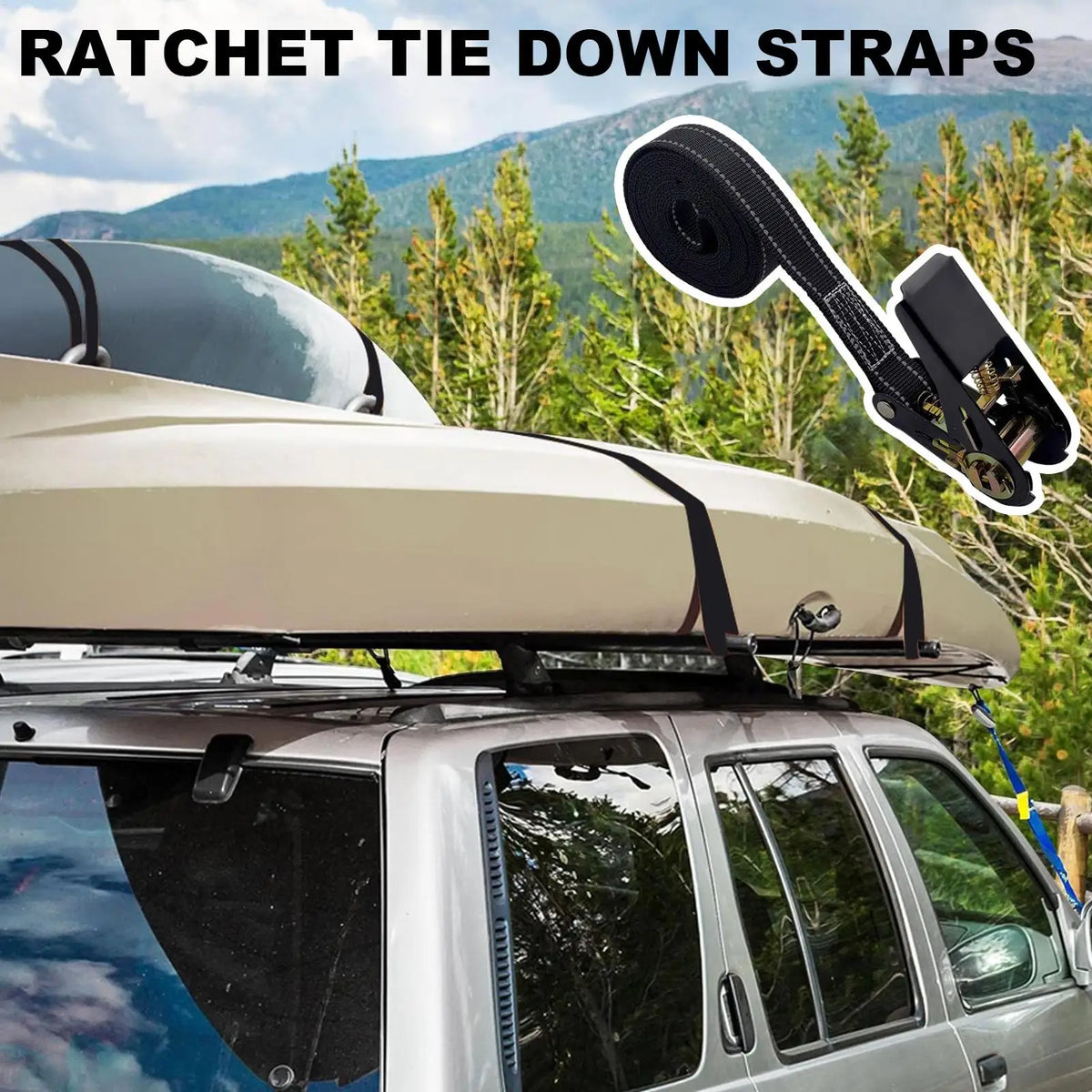 A set of heavy duty ratchet tie down straps is shown being used to secure a roof rack on a silver SUV.