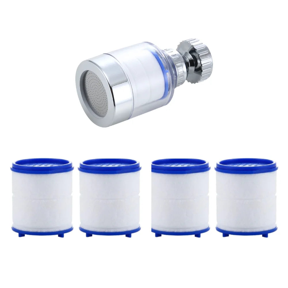 Silver kitchen faucet water filter with a rotating head and splash guard, shown next to four white cylindrical filters.