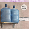 Two blue water bottles are supported by stainless steel folding shelf brackets, rated for a maximum load of 330 lbs.
