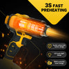 A yellow cordless heat gun is shown preheating a material with bright orange flame and light beams.