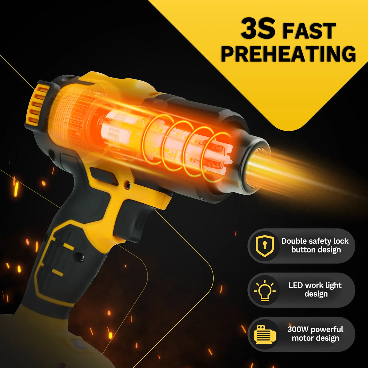 A yellow cordless heat gun is shown preheating a material with bright orange flame and light beams.