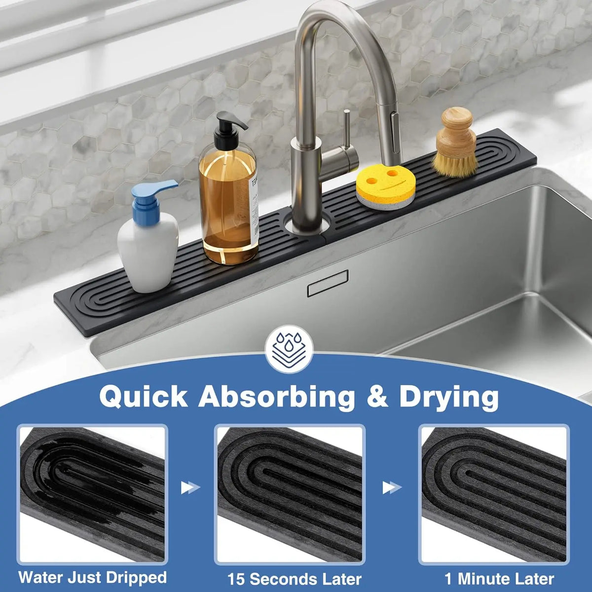 A stainless steel kitchen faucet with a black diatomite mat used for quick absorbing and drying.