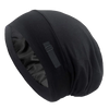 A black silk-like night cap designed for long hair and curls.
