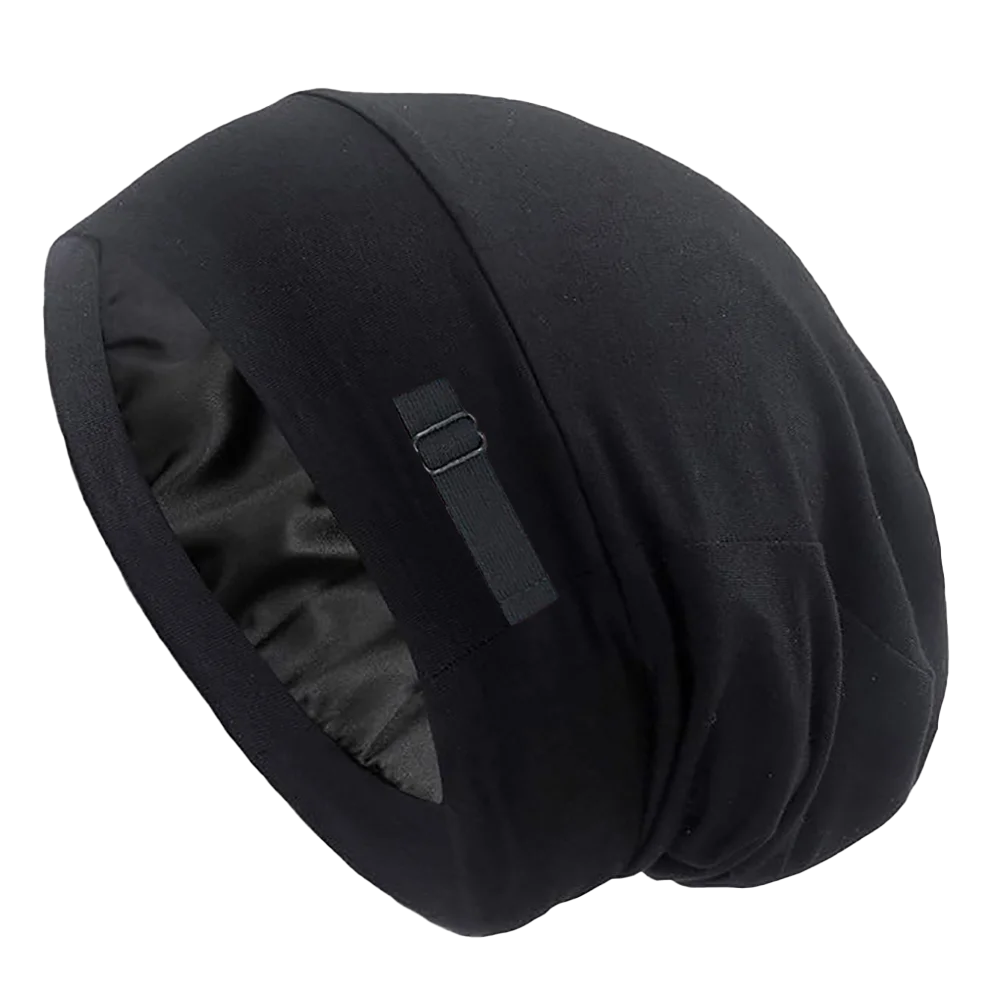 A black silk-like night cap designed for long hair and curls.