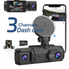 Schwarze Dashcam-Gerät mit großer Linse neben einem Smartphone, das Live-Video zeigt.