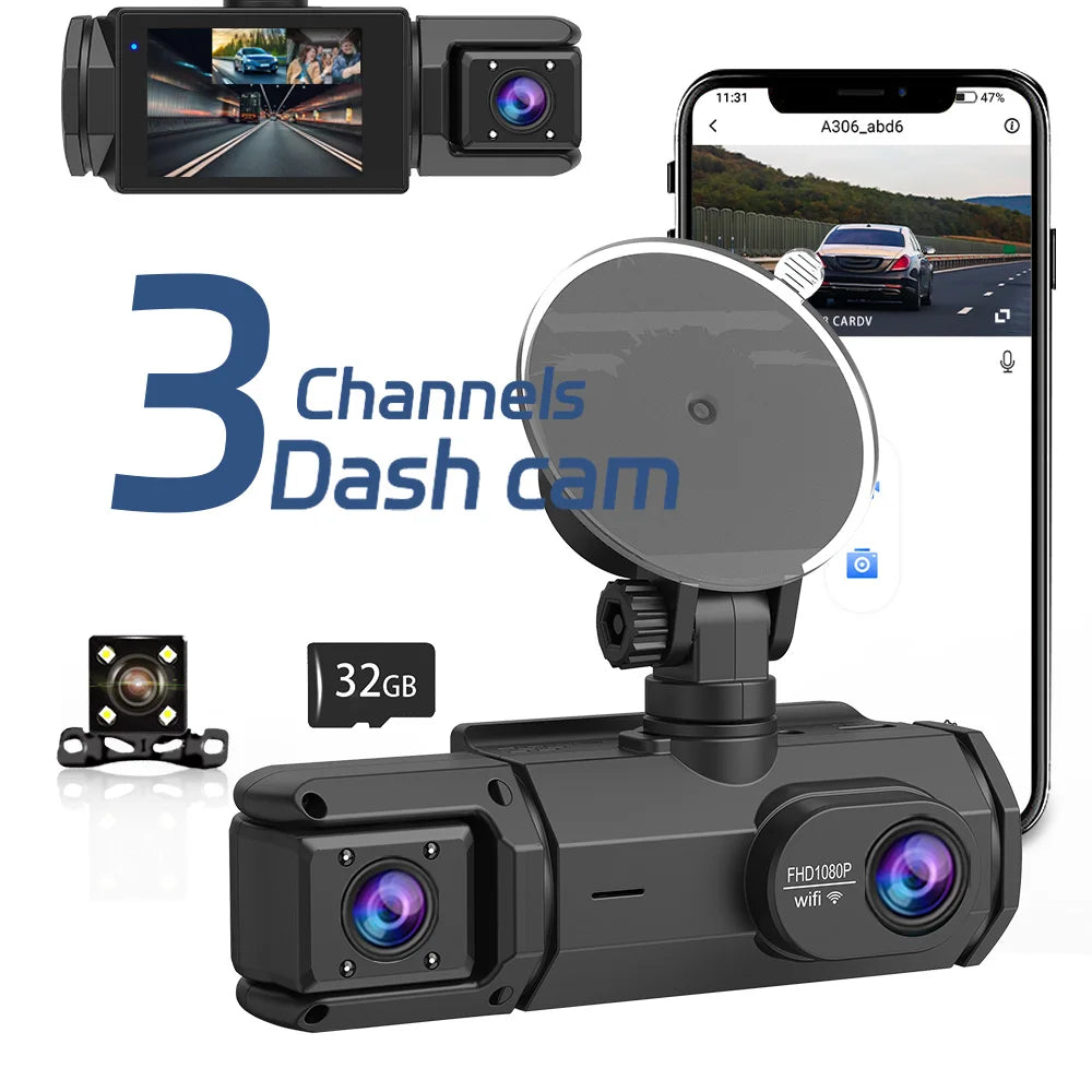 Schwarze Dashcam-Gerät mit großer Linse neben einem Smartphone, das Live-Video zeigt.