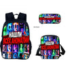 A black backpack set featuring various animal anomalies and a matching zippered crossbody bag.