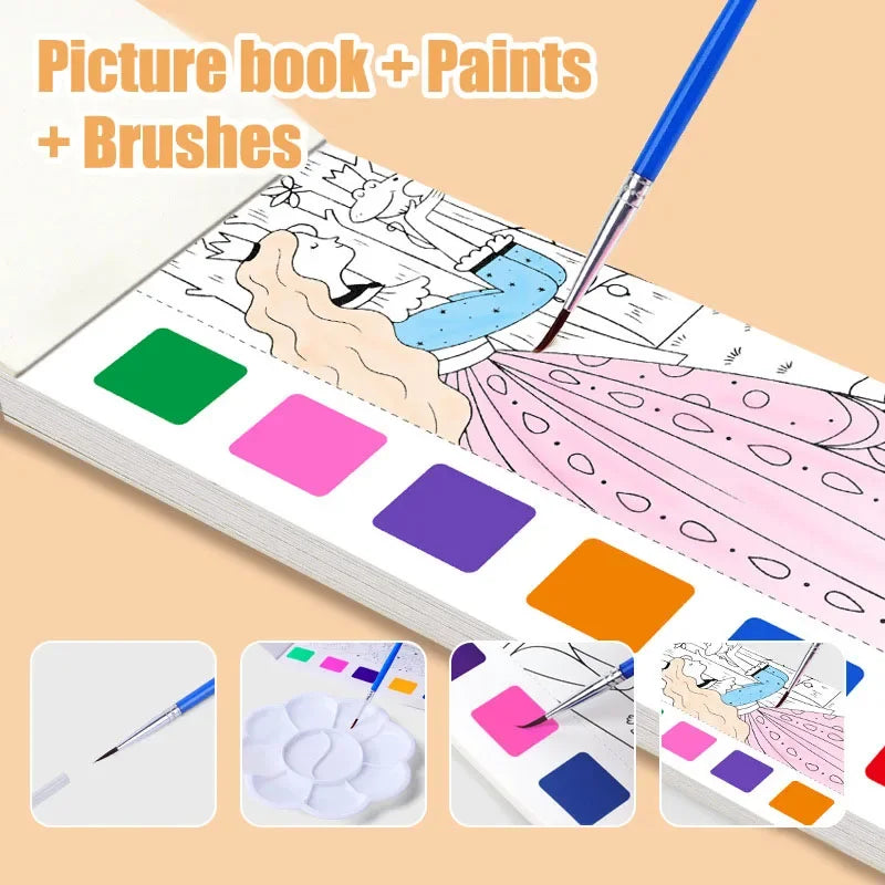 A picture book set including paints and brushes for watercolor painting.