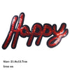 Iron-on patch spelling happy made of red and black sequins