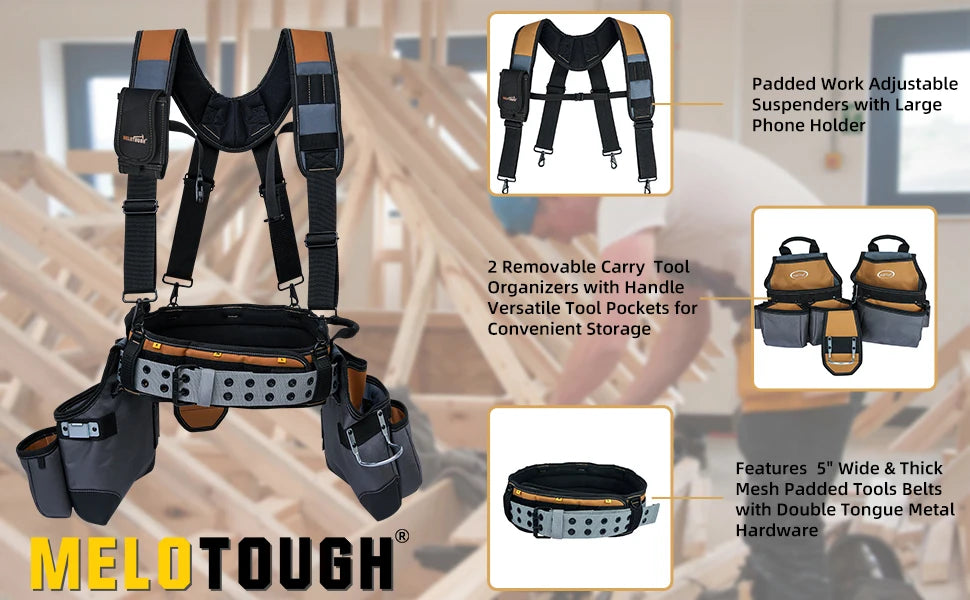 Heavy-Duty Carpenter Tool Belt with Suspenders and Pouch Set