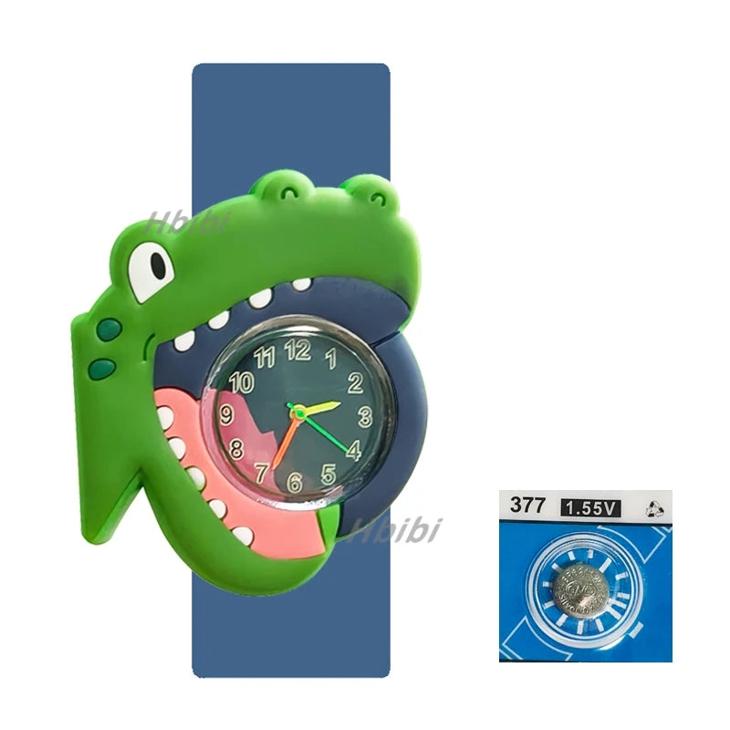 A green dinosaur shaped digital watch with a silicone band and a blue background.