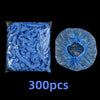 A package of 300 disposable blue shower caps for hair protection and salon use.