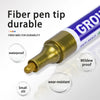A tube of green fiber pen tip for durable grout touch-ups with various features highlighted.
