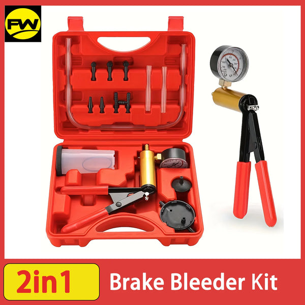 Red 2-in-1 Brake Bleeder Kit showing a vacuum pump and a brass bleeder tool.