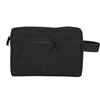 A black waterproof travel toiletry bag with a zippered compartment and an adjustable strap.