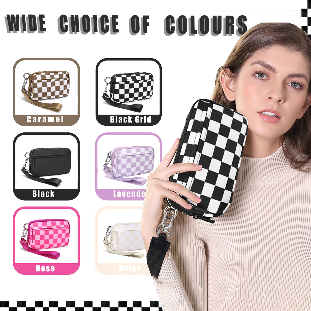 Checkered Zip-Around Wallet with Clear ID Window