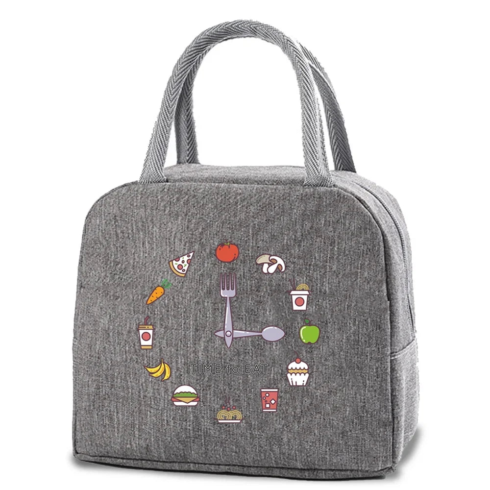 Gray insulated lunch bag with a checkered pattern featuring various food items like a fork, spoon, and sandwich.