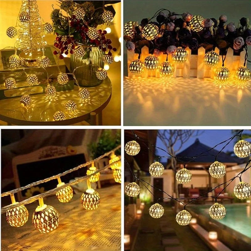Moroccan ball string lights illuminating a dark outdoor setting with warm glowing bulbs