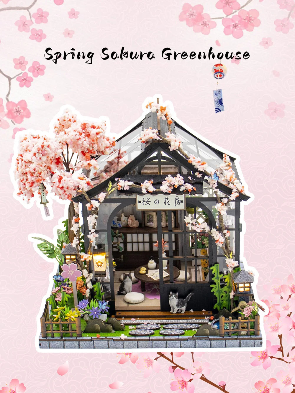 A detailed miniature Japanese sakura greenhouse tea house model featuring pink blossoms and traditional architecture.