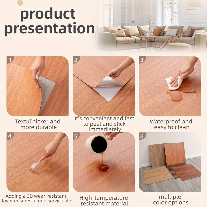Demonstration of wood grain peel and stick vinyl flooring tiles showing durability, waterproof properties, and ease of instal