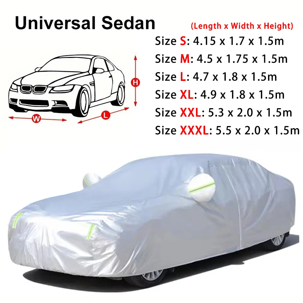 A white all-weather car cover draped over a sedan, showing its protective material.