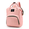 Pink insulated canvas mummy diaper bag with a hanging hook and zippered pocket