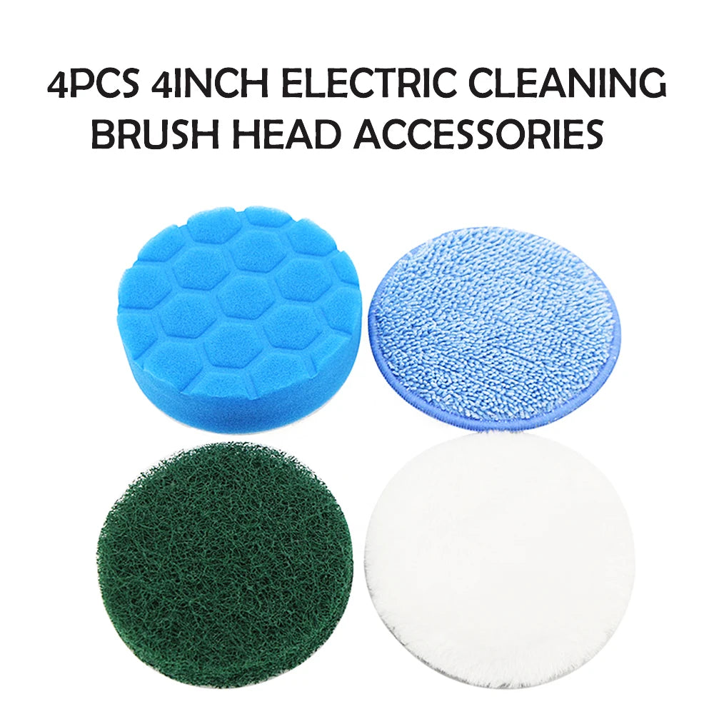 Four pieces of 4-inch electric cleaning brush head accessories including blue sponge, blue scouring pad, green brush head, an