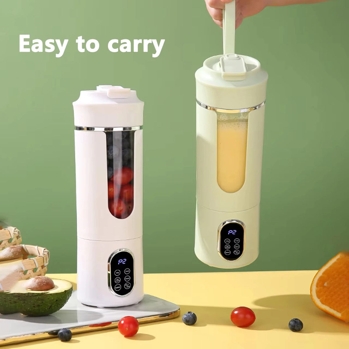 A white portable wireless citrus juicer is shown next to fresh citrus fruit and berries on a yellow surface.