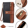 A brown and black long wallet featuring RFID blocking material and polyester fabric.