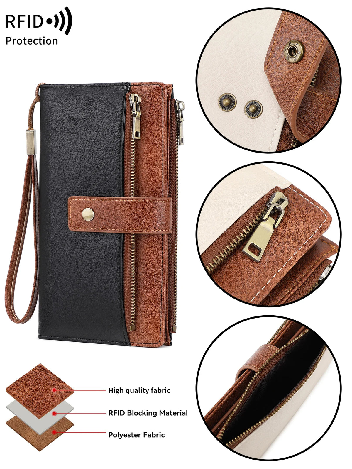 A brown and black long wallet featuring RFID blocking material and polyester fabric.