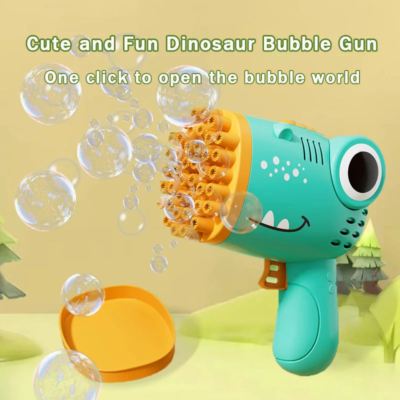 Pistolet à bulles dinosaure bleu sarcelle projetant des bulles, avec un disque orange à proximité.