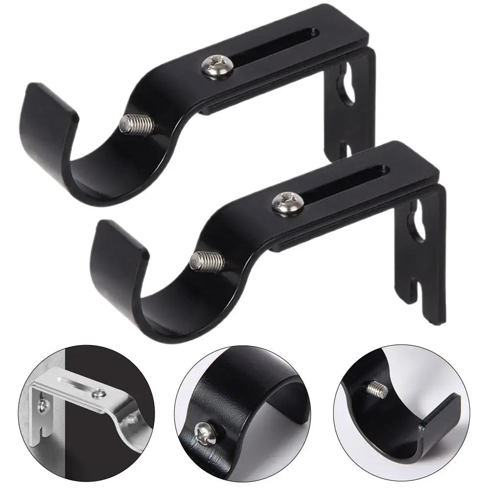 Black metal curtain rod bracket set for 1-inch rods showing various mounting styles and angles