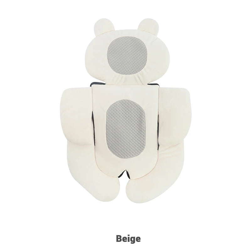 A beige universal cozy stroller seat cushion with rounded ears and a central padded area.