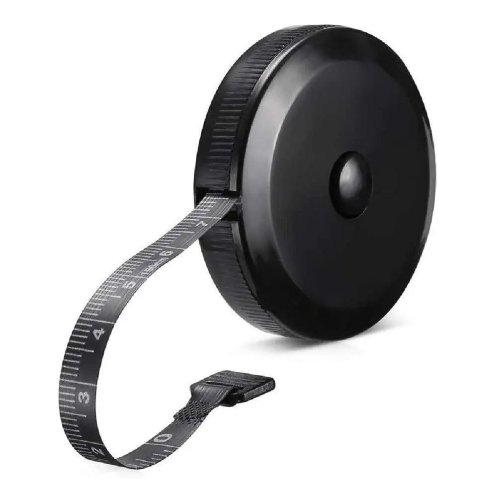 Black flexible soft tape measure with dual-sided markings and a black carrying strap.