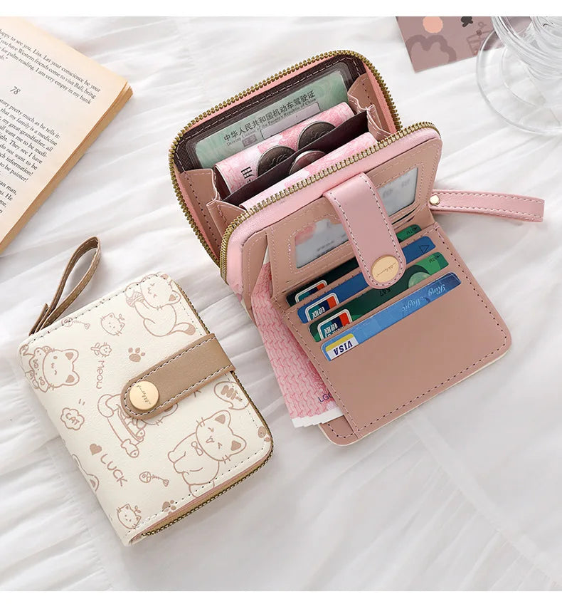 Cute Cat Face PU Leather Coin Purse with Wrist Strap