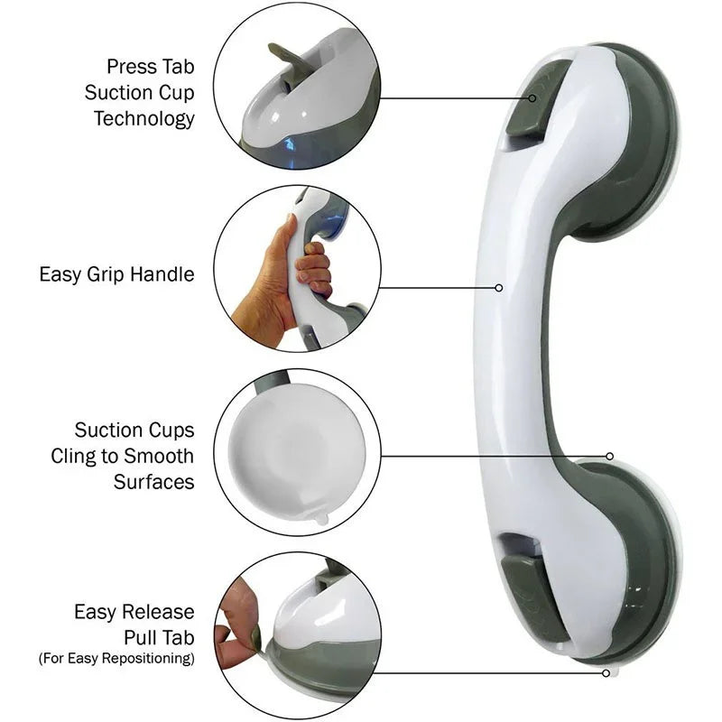 Diagram showing features of vacuum suction grab bars including press tab suction cup technology, easy grip handle, suction cu