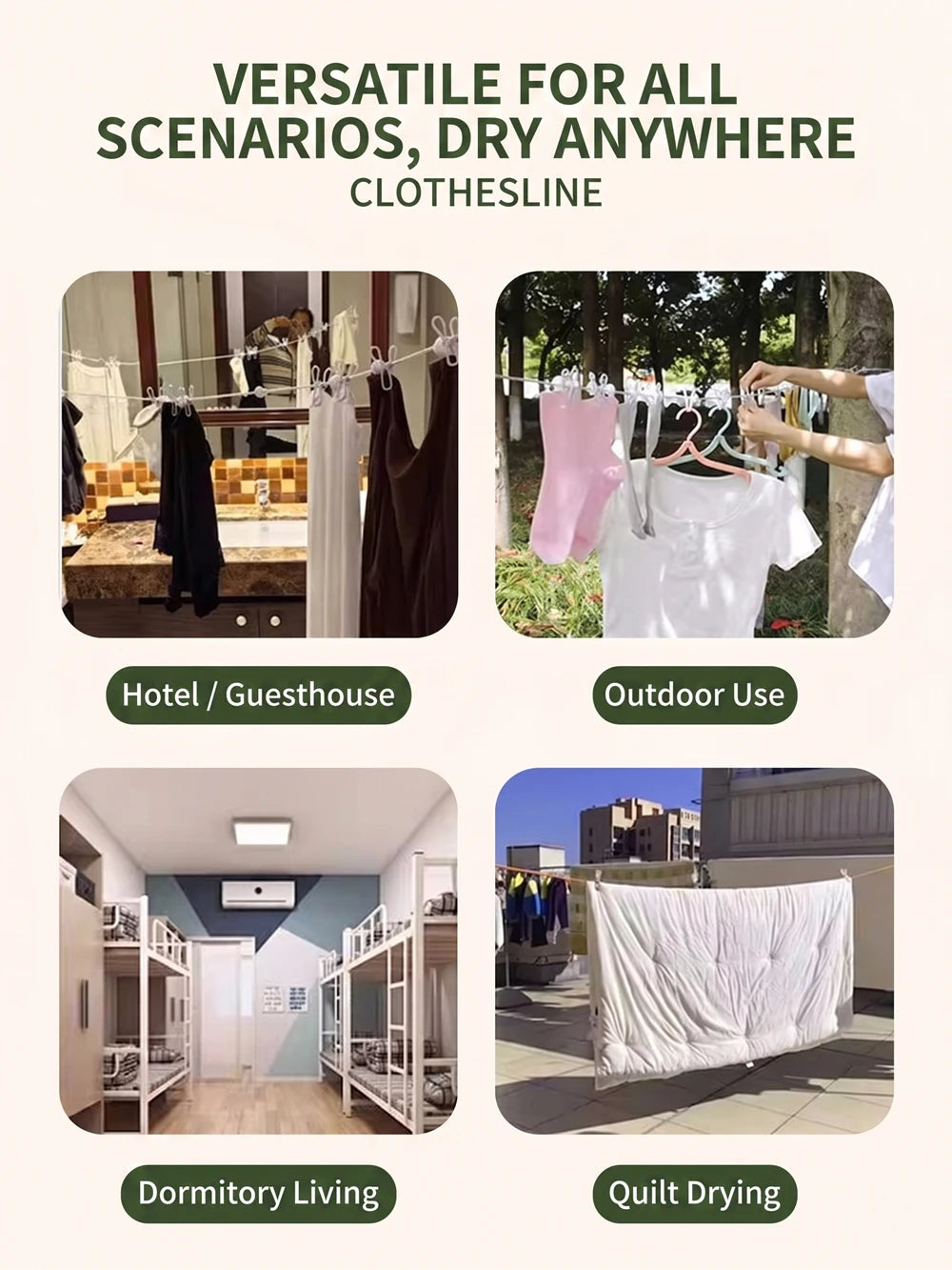 Versatile clothesline for various scenarios including hotel, outdoor use, dormitory living, and quilt drying.