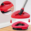 A red 360° rotating spin mop head replacement with a triangle fit is shown being used to clean a floor.