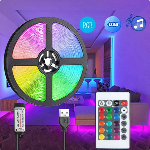 Tira de luz LED RGB con control remoto mostrada en un ambiente.