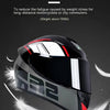 A black full-face motorcycle helmet with a digital display and white stripes is shown against a dark background.