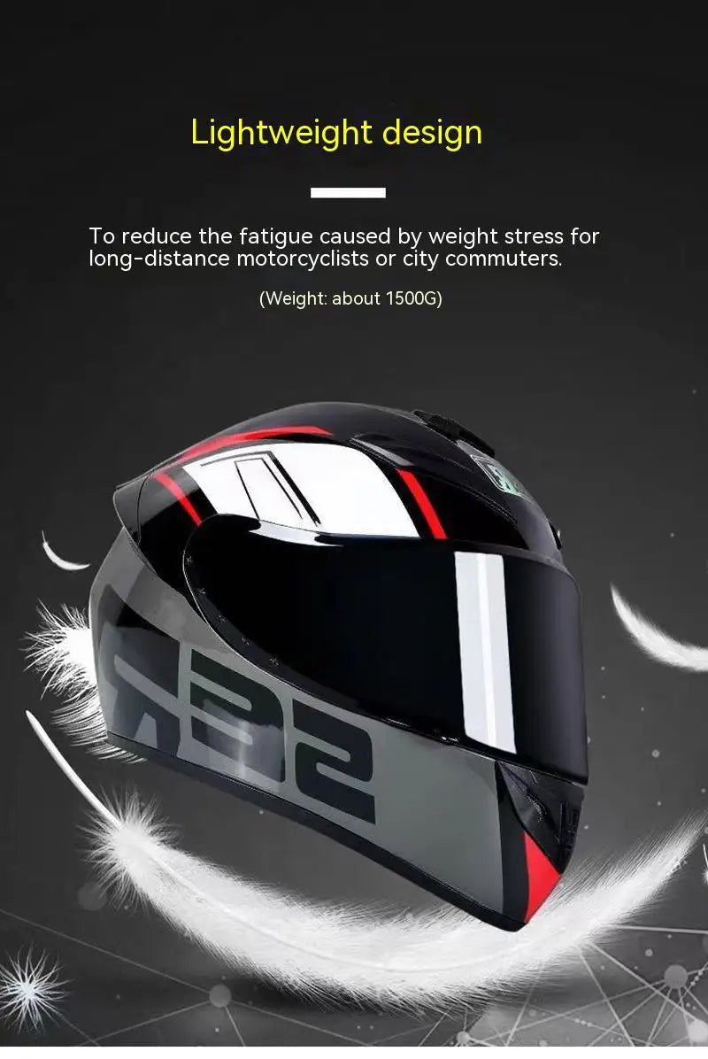 A black full-face motorcycle helmet with a digital display and white stripes is shown against a dark background.