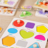 A wooden puzzle set featuring various geometric shapes like circle, square, heart, ellipse, and triangle for cognitive develo