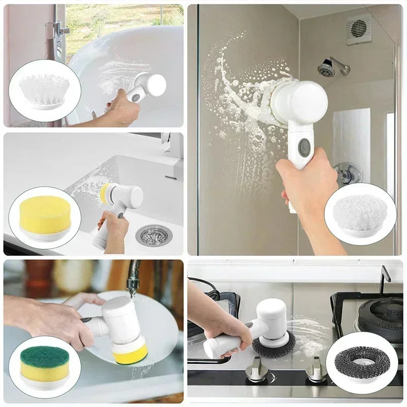 Primeros planos de un fregador eléctrico inalámbrico con diferentes cabezales para limpiar superficies de baño y cocina.