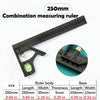Combination measuring ruler showing dimensions for a carpenter square with angle level and protractor.