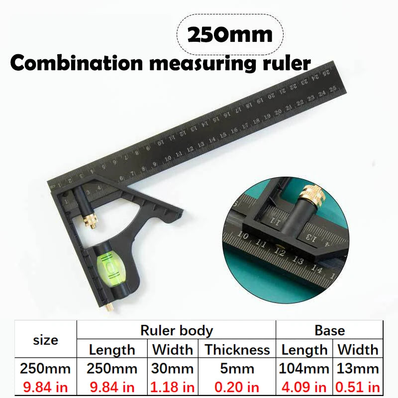 Combination measuring ruler showing dimensions for a carpenter square with angle level and protractor.