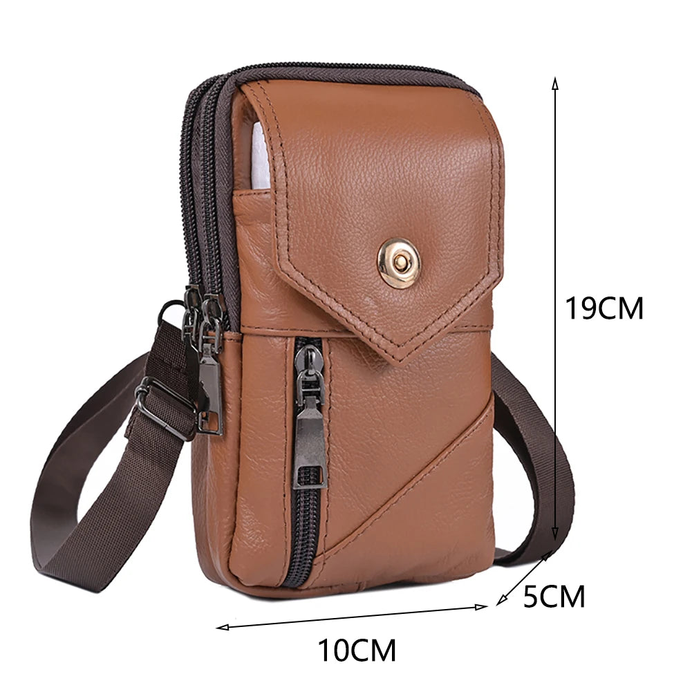 A brown vintage genuine cowhide leather crossbody sling bag with a zipper and adjustable strap.