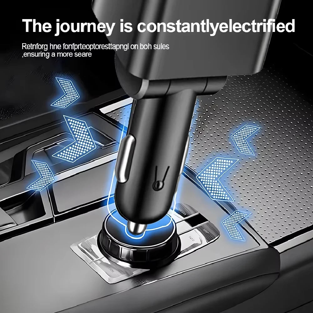 7-in-1 120W Car Charger with Retractable Cables and Digital Voltmeter